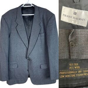 Vintage Pierre Balmain‎ Silk Wool Blazer Jacket Mens 46L Gray Check 2 Button